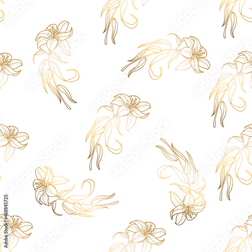 Seamless patterns. Luxurious gold and graceful lily on a white background. Floral pattern, gold leaf. Vector file.