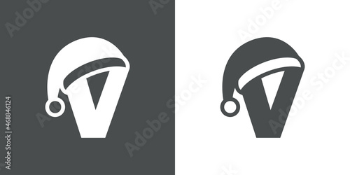 Logotipo con letra inicial V con silueta de sombrero de Papá Noel en fondo gris y fondo blanco, para su uso en invitaciones y tarjetas de felicitación