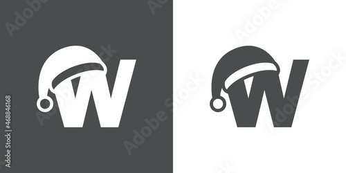 Logotipo con letra inicial W con silueta de sombrero de Papá Noel en fondo gris y fondo blanco, para su uso en invitaciones y tarjetas de felicitación