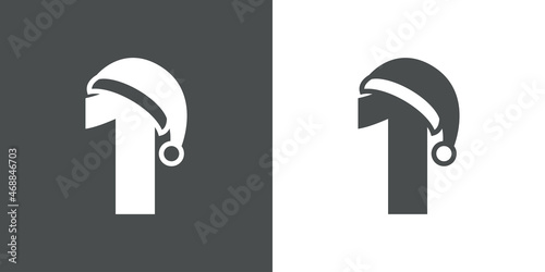 Logotipo con número 1 con silueta de sombrero de Papá Noel en fondo gris y fondo blanco, para su uso en invitaciones y tarjetas de felicitación