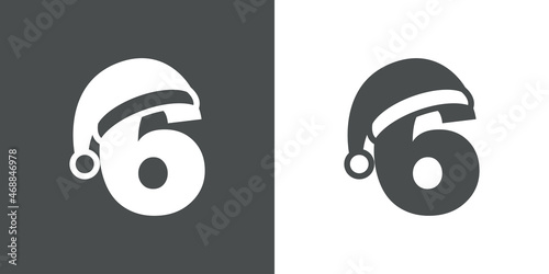 Logotipo con número 6 con silueta de sombrero de Papá Noel en fondo gris y fondo blanco, para su uso en invitaciones y tarjetas de felicitación