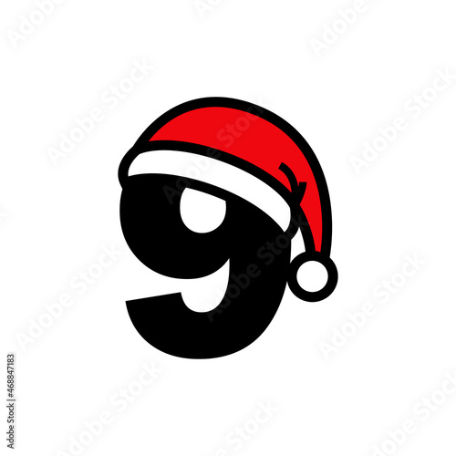 Logotipo con número 9 con silueta lineal de sombrero de Papá Noel en color negro y rojo, para su uso en invitaciones y tarjetas de felicitación