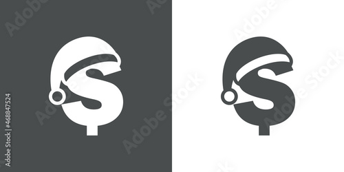 Logotipo con símbolo del dólar con silueta de sombrero de Papá Noel en fondo gris y fondo blanco, para su uso en invitaciones y tarjetas de felicitación	