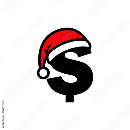 Logotipo con símbolo del dólar con silueta de sombrero de Papá Noel en color negro y rojo, para su uso en invitaciones y tarjetas de felicitación
