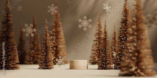 Fototapeta Naklejka Na Ścianę i Meble -  3D podium display, Christmas tree background for product. Nature Christmas beige backdrop with wood stand. Pedestal wooden realistic showcase. Brown, studio abstract, winter 3D render.