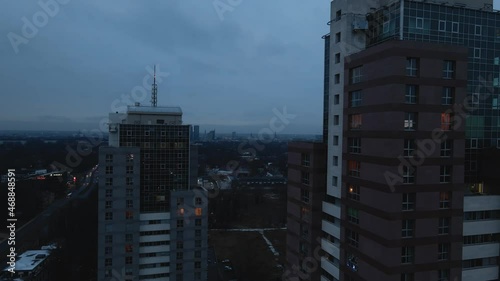 Wallpaper Mural Flight around two tower skyscrapers against city center at night Torontodigital.ca