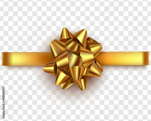 Gold satin gift ribbon and bow isolated on transparent background. Christmas, New Year, birthday gold decoration. Vector realistic decor element for banner, greeting card, poster