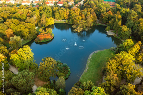 Top view of the blue lake with fountains in the city park. Poland, Wroclaw