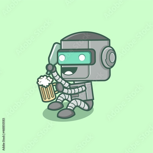 cute cartoon robot character enjoying beer. vector illustration for mascot logo or sticker