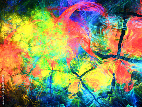 Composición de arte digital abstracto consistente en manchas coloridas de gases provinientes de una explosión controlada en zona restringida.