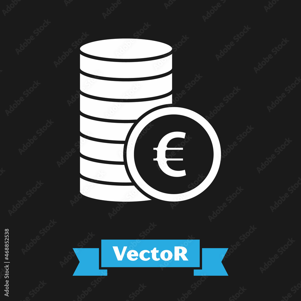 White Coin money with euro symbol icon isolated on black background. Banking currency sign. Cash symbol. Vector White Coin money with euro symbol icon isolated on black background. Banking currency sign. Cash symbol. Vector