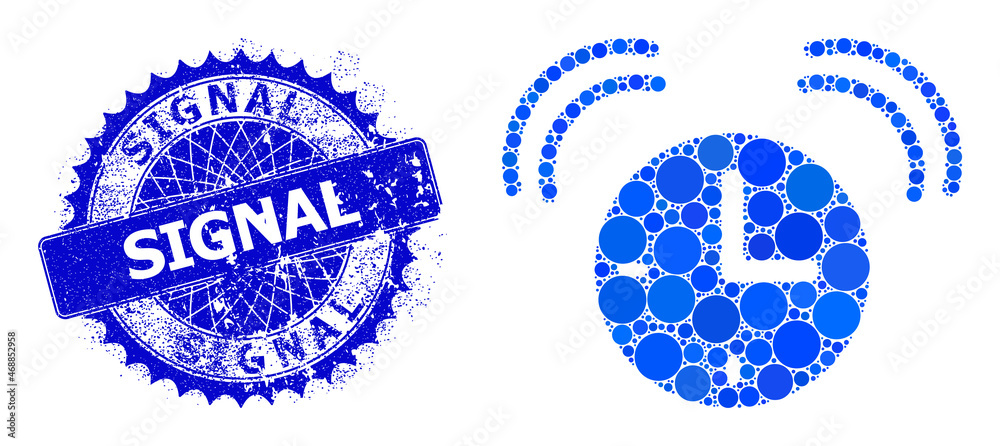 Alarm clock vector composition of round dots in various sizes and blue color tints, and scratched Signal stamp. Blue round sharp rosette badge has Signal tag inside it. - obrazy, fototapety, plakaty 