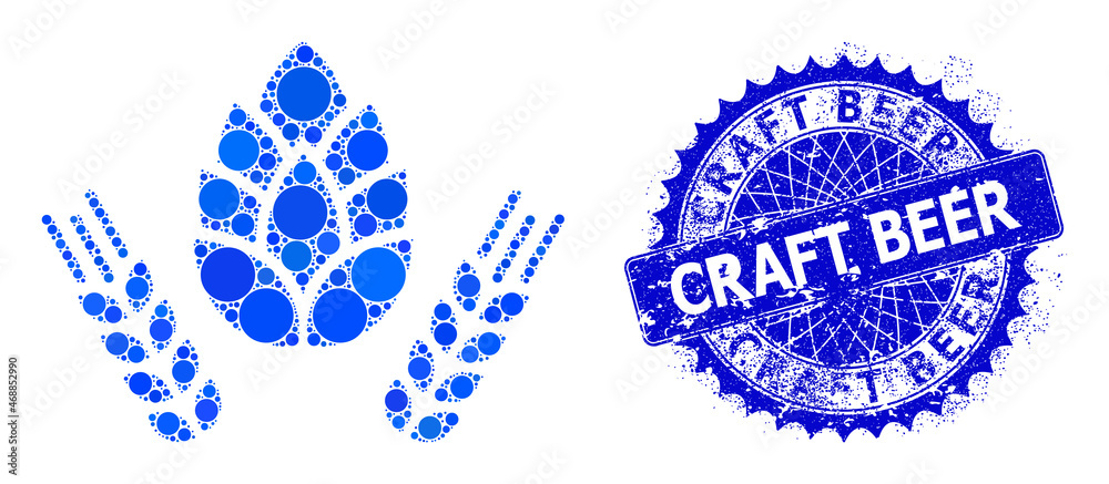 Barley and hop vector mosaic of round dots in variable sizes and blue color tones, and grunge Craft Beer seal. Blue round sharp rosette stamp seal has Craft Beer text inside. Barley and hop vector mosaic of round dots in variable sizes and blue color tones, and grunge Craft Beer seal. Blue round sharp rosette stamp seal has Craft Beer text inside.