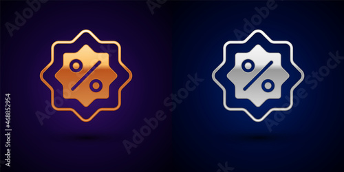 Gold and silver Discount percent tag icon isolated on black background. Shopping tag sign. Special offer sign. Discount coupons symbol. Vector