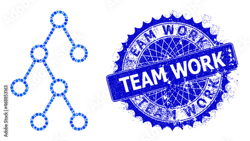 Binary hierarchy vector mosaic of small circles in variable sizes and blue color tints, and distress Team Work stamp seal. Blue round sharp rosette stamp seal contains Team Work caption inside.