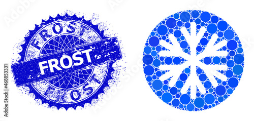 Frost vector collage of circle dots in different sizes and blue color tinges, and distress Frost stamp seal. Blue round sharp rosette seal contains Frost caption inside.