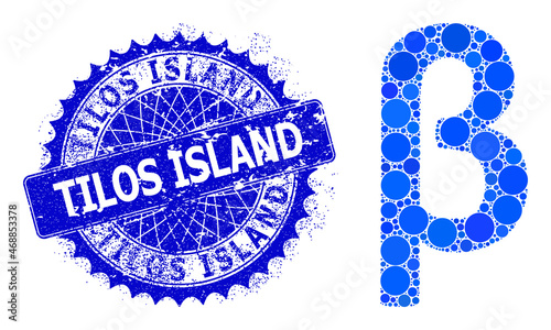 Beta Greek lowercase symbol vector collage of round dots in variable sizes and blue color shades, and textured Tilos Island stamp seal.