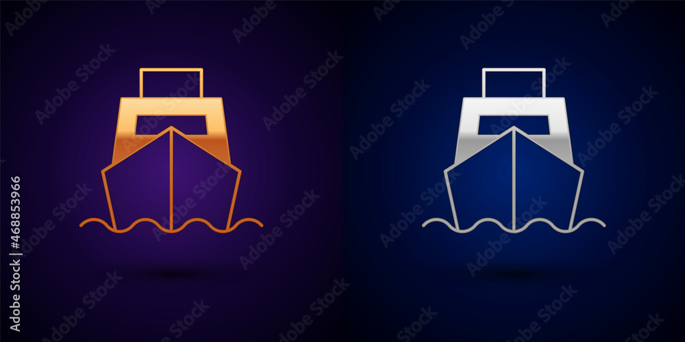 Gold and silver Cargo ship with boxes delivery service icon isolated on black background. Delivery, transportation. Freighter with parcels, boxes, goods. Vector Gold and silver Cargo ship with boxes delivery service icon isolated on black background. Delivery, transportation. Freighter with parcels, boxes, goods. Vector