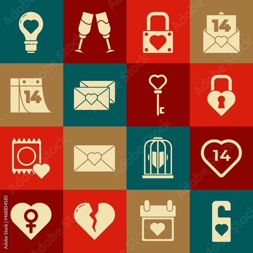 Set Please do not disturb with heart, Heart, Castle in the shape of, Lock and, Envelope Valentine, Calendar February 14, light bulb and Key icon. Vector