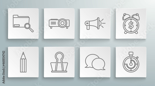 Set line Pencil, Presentation, movie, film, media projector, Binder clip, Speech bubble chat, Briefcase, Megaphone, Alarm clock with dollar symbol and Search concept folder icon. Vector