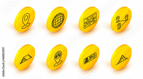 Set line Tourist tent, Cruise ticket for traveling by ship, Map pointer with Egypt pyramids, Route location, Passport pages visa stamps, Earth globe and pin icon. Vector