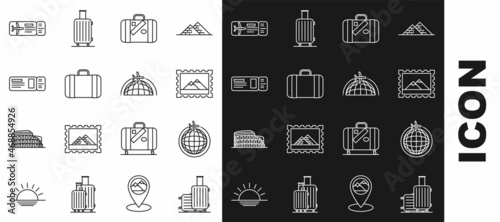 Set line Suitcase for travel, Globe with flying plane, Postal stamp and Mountains, stickers, Travel ticket, Airline and icon. Vector