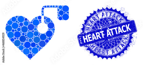 Heart pacemaker vector composition of round dots in various sizes and blue color shades, and rubber Heart Attack badge. Blue round sharp rosette badge has Heart Attack title inside.