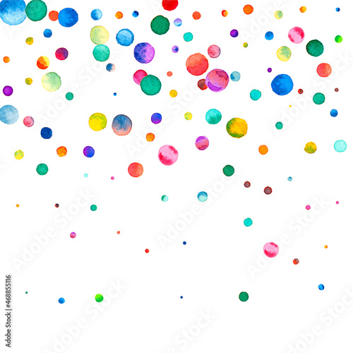 Watercolor confetti on white background. Admirable rainbow colored dots. Happy celebration square colorful bright card. Extraordinary hand painted confetti.