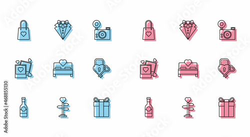 Set line Champagne bottle, Signpost with heart, Shopping bag, Gift box, Bedroom, Castle the shape of and key, Two blanks photo frames hearts and Suit icon. Vector