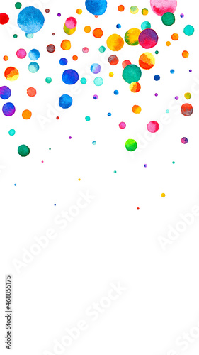 Watercolor confetti on white background. Alluring rainbow colored dots. Happy celebration high colorful bright card. Juicy hand painted confetti.