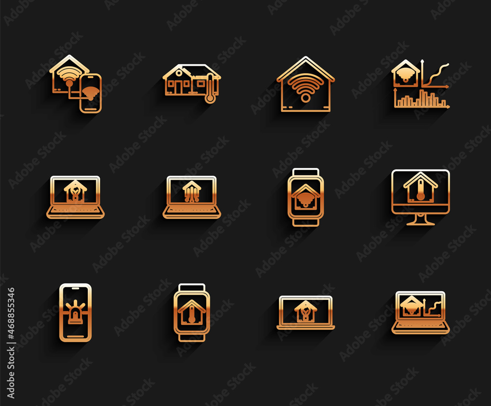 Set line Mobile phone with smart house and alarm, Smart watch temperature, home wi-fi, Laptop light bulb, Computer monitor and icon. Vector Set line Mobile phone with smart house and alarm, Smart watch temperature, home wi-fi, Laptop light bulb, Computer monitor and icon. Vector
