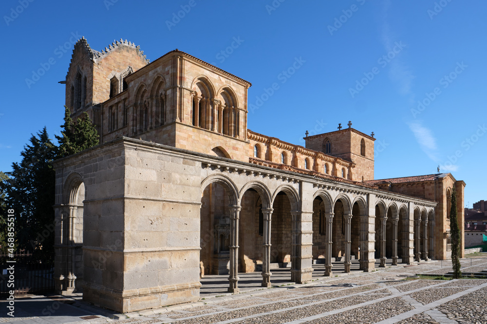Basilica of San Vicente in Ávila, Spain. Founded in the 11th century, it was not finished until two centuries later. It mixes Romanesque elements with other Gothic ones.