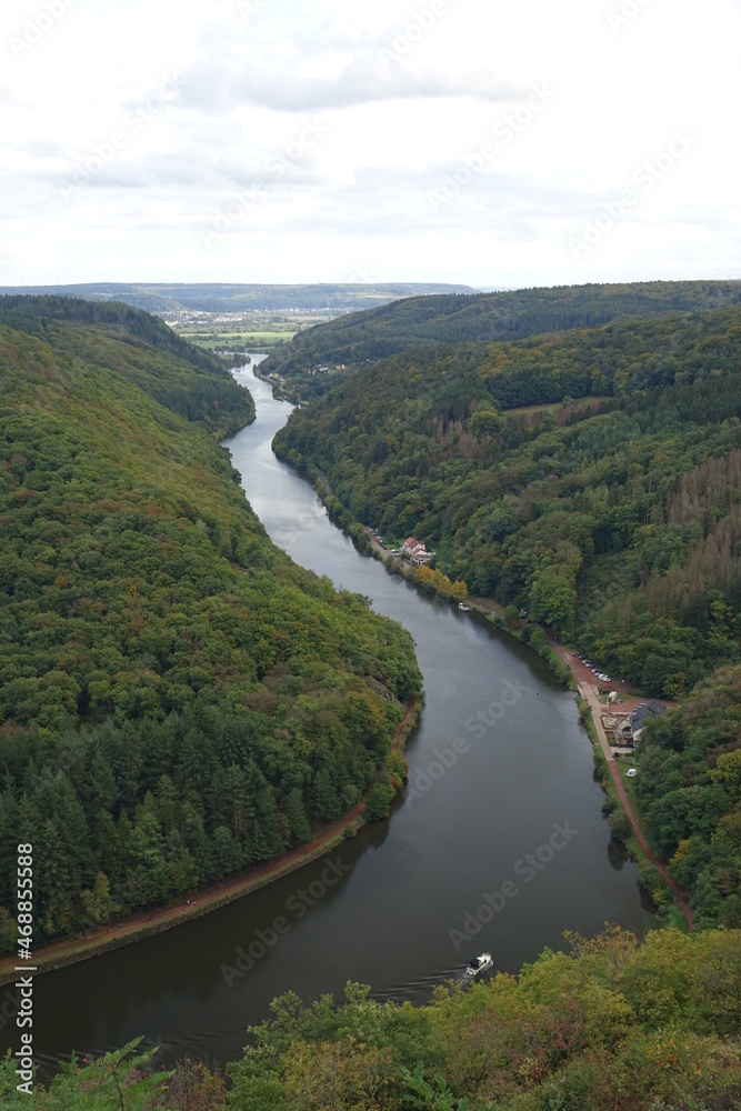World famous Saarschleife (Great bend of River Saar) seen from above on a cloudy autumn day, Orscholz, Mettlach, Saarland, Germany
