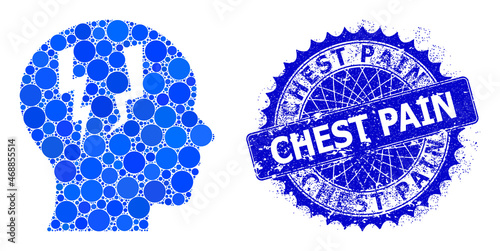 Head migraine vector collage of dots in various sizes and blue color tints, and distress Chest Pain stamp seal. Blue round sharp rosette stamp seal has Chest Pain title inside it.