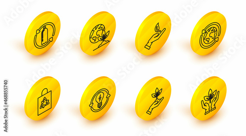 Set line Plant in hand of environmental protection, Plastic bag recycle, Planet earth recycling, Sprout, Earth globe plant and Recycling plastic bottle icon. Vector