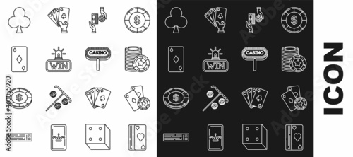 Set line Deck of playing cards, Casino chip and, chips, exchange on stacks dollars, win, Playing with diamonds symbol, clubs and signboard icon. Vector