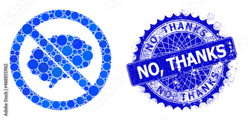 Brainless vector mosaic of round dots in variable sizes and blue color tinges, and textured No, Thanks badge. Blue round sharp rosette badge includes No, Thanks text inside.