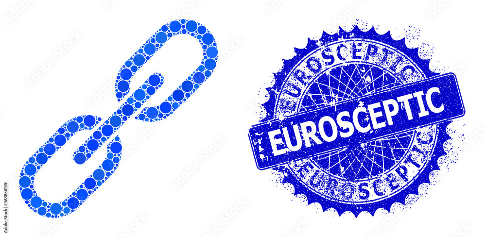 Chain vector collage of round dots in variable sizes and blue color tinges, and distress Eurosceptic stamp seal. Blue round sharp rosette badge has Eurosceptic text inside it. Chain vector collage of round dots in variable sizes and blue color tinges, and distress Eurosceptic stamp seal. Blue round sharp rosette badge has Eurosceptic text inside it.
