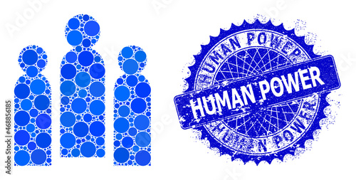 Crowd vector composition of small circles in different sizes and blue color tints, and grunge Human Power stamp. Blue round sharp rosette stamp seal has Human Power text inside it.