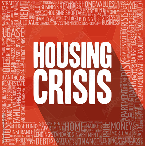 Housing Crisis typography illustration with a word cloud. Text with long shadows over red background. 