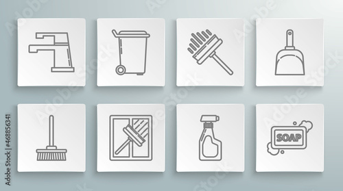 Set line Mop, Trash can, Squeegee, scraper, wiper, Cleaning spray bottle with detergent liquid, Bar of soap foam, Dustpan and Water tap icon. Vector