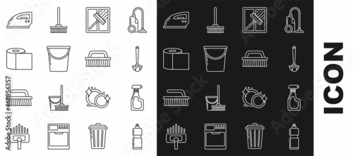 Set line Plastic bottles for liquid dishwashing liquid, Cleaning spray with detergent, Toilet brush, Squeegee, scraper, wiper, Bucket, paper roll, Electric iron and Brush cleaning icon. Vector