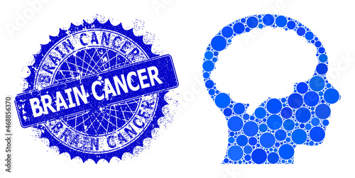 Head brain vector mosaic of circle dots in various sizes and blue color tinges, and rubber Brain Cancer seal. Blue round sharp rosette stamp seal includes Brain Cancer title inside.