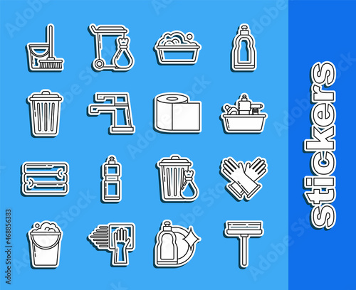 Set line Squeegee, scraper, wiper, Rubber gloves, Plastic bottles for liquid dishwashing liquid, basin with soap suds, Water tap, Trash can, Mop and bucket and Toilet paper roll icon. Vector