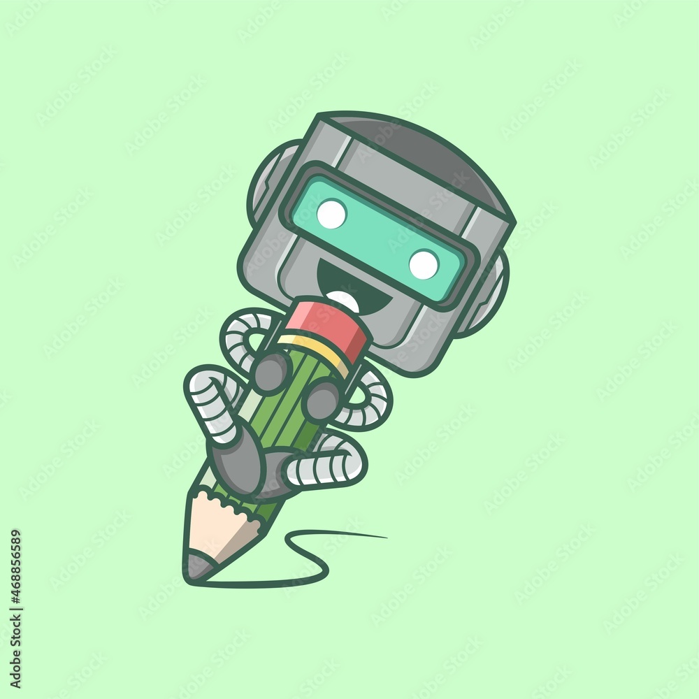 cute cartoon robot character writing with big pencil. vector illustration for mascot logo or sticker