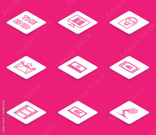 Set line The End handwritten inscription, Funny scary ghost mask, Carpet with barriers star, Online play video, 4k movie, tape, frame, Play Video and Laptop screen technology icon. Vector