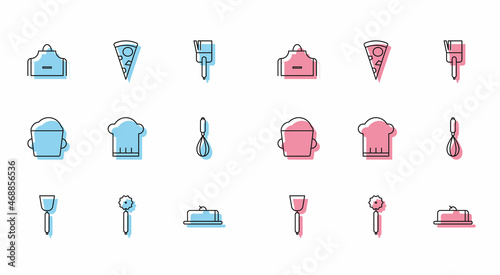 Set line Spatula, Pizza knife, Kitchen apron, Strawberry cheesecake slice, Chef hat, whisk, Bakery bowl dough and Slice of pizza icon. Vector