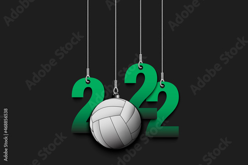 Numbers 2022 and volleyball ball as a Christmas decorations are hanging on strings. New Year 2022 are hang on cords. Template design for greeting card. Vector illustration on isolated background