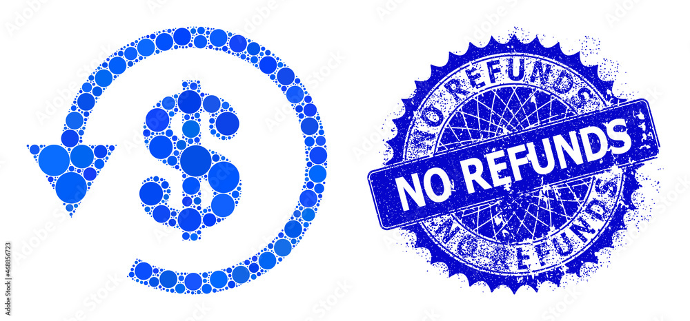 Dollar refund vector composition of round dots in various sizes and blue color tinges, and scratched No Refunds badge. Blue round sharp rosette badge has No Refunds title inside it. Dollar refund vector composition of round dots in various sizes and blue color tinges, and scratched No Refunds badge. Blue round sharp rosette badge has No Refunds title inside it.