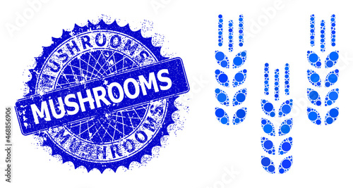 Barley crop vector collage of round dots in various sizes and blue color hues, and scratched Mushrooms stamp seal. Blue round sharp rosette stamp seal contains Mushrooms tag inside.